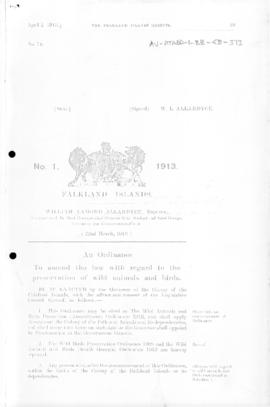 Falkland Islands, Wild Animals and Bird  Protection Amendment Ordinance, no 1 of 1913