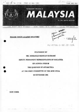 United Nations General Assembly, Forty-Sixth session "Statement by Mr Mohamad Redzuan Kushai...