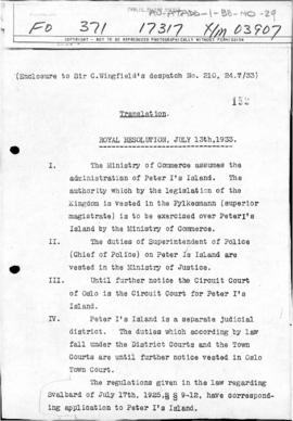 Royal resolution providing for the administration of Peter I Island