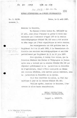 Note from the International Telegraphic Bureau with regards to the wireless station on the South ...