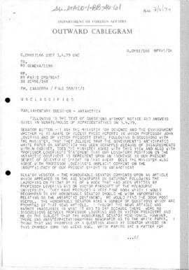 Australia Department of Foreign Affairs, outward cablegram, "Parliamentary Question - Antarc...