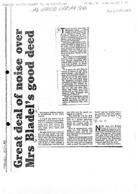 "Great deal of noise over Mrs Bladel's good deed", The Mercury