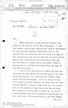 Norwegian note to the UK querying the status of the Ross Ice Shelf, the basis of claim to King Ed...