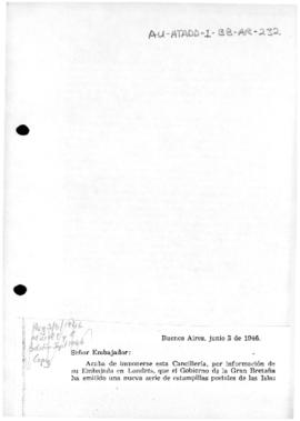 Argentine note to the United Kingdom concerning the issue of British stamps for the Falkland (Mal...
