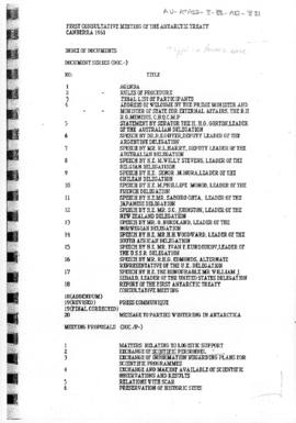 First Antarctic Treaty Consultative Meeting (Canberra) Non-paper "Index of documents" (...