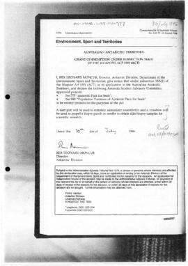 Commonwealth of Australia Gazette, Australian Antarctic Territory, Grant of exemption under the A...