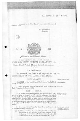 Falkland Islands, Wild Animals and Birds Protection Ordinance, no 15 of 1964