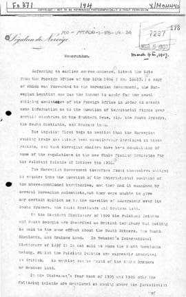 Norwegian memorandum of to the United Kingdom requesting information on territorial rights over t...