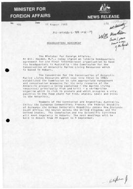 Australia, Minister for Foreign Affairs, news release "Headquarters agreement"