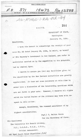 US note to the United Kingdom concerning the Second Byrd Antarctic Expedition and reserving all r...