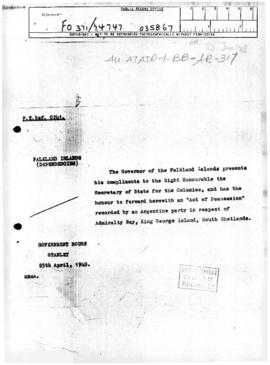 Argentina, act of possession concerning Admiralty Bay, King George Island and subsequent exchange...