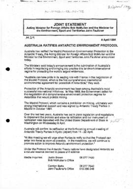"Australia ratifies Antarctic Environment Protocol" media release