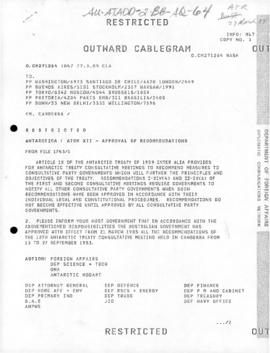 Australia, cablegram reporting approval of ATCM XII Recommendations
