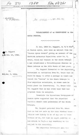 Foreign Office memorandum on the establishment of the Argentine meteorological station on the Sou...