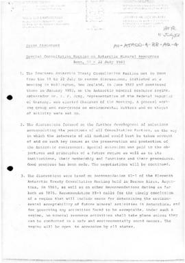 Press statement, Special Consultative Meeting on Antarctic Mineral Resources, Bonn