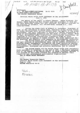 United States, White House joint statement on the environment concerning the US and the USSR