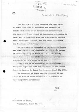 Italian note concerning accession to the Antarctic Treaty