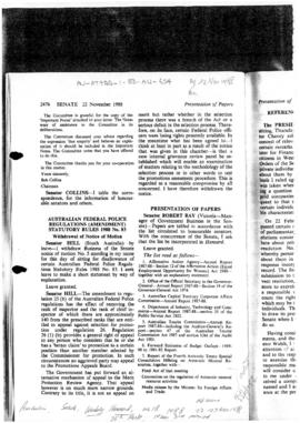 Australia, Senate, tabling of report on the Fourth Special Antarctic Treaty Meeting on Antarctic ...