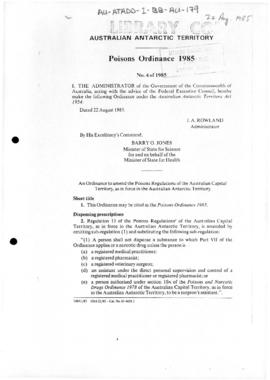 Poisons Ordinance 1985 of the Australian Antarctic Territory