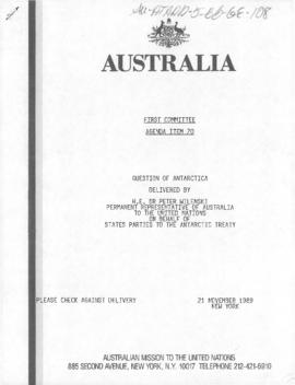 United Nations, "Question of Antarctica", various statements made at the First Committe...