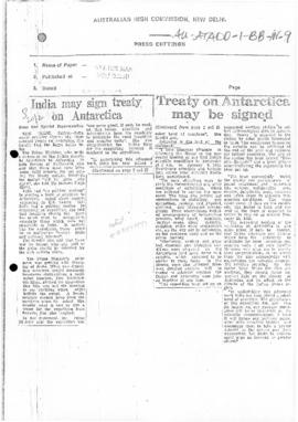 Press article "India may sign treaty on Antarctica" Statesman, and related articles