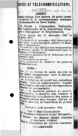Order establishing a post office in Adélie Land open for ordinary and registered mail