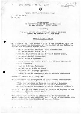 Ratification by Chile of the Acts of the 19th Universal Postal Congress