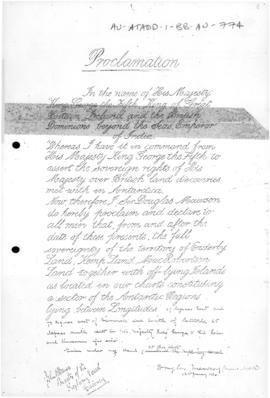 Proclamation read by Douglas Mawson on Proclamation Island during the first BANZARE voyage