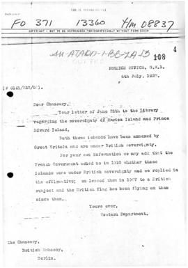 British minute concerning Marion Island and Prince Edward Island, and notes concerning UK histori...