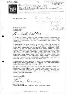 New Zealand, letter to Cath Wallace concerning Antarctic policy and Ministerial briefings