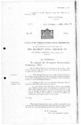 Falkland Islands Dependencies, Penguins Preservation Ordinance, no 27 of 1949