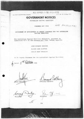 Australian Capital Territory Gazette, Government Notices, Coroners Act 1956, appointments