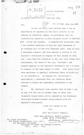 British despatch from Oslo reporting a discussion with Norwegian Foreign Minister concerning Doug...