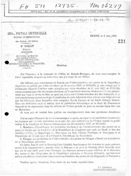 Universal Postal Union circular containing British affirmation of title to the Falkland Islands a...