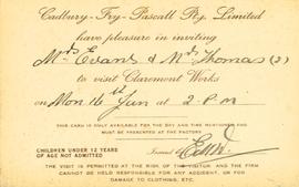 Invitation to visit the Cadbury factory, Claremont