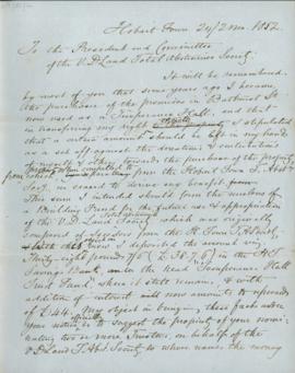 Letter and statement of account respecting the Temperance Halls transfer